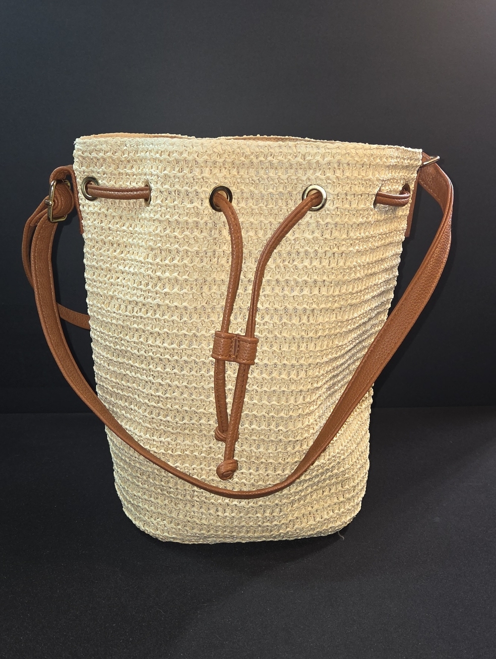 Montce Cream Woven Bucket Bag with Leather Strap & Tie